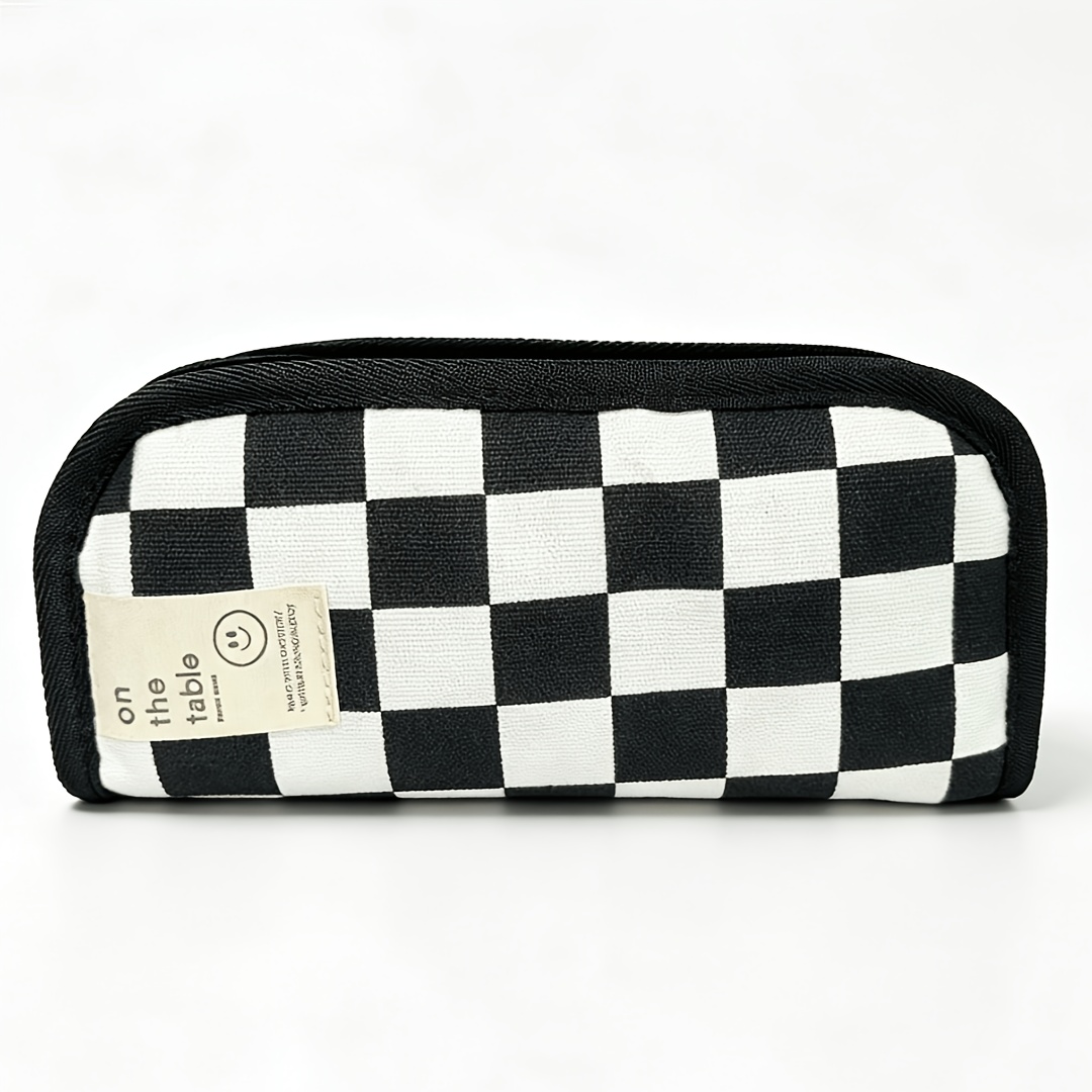 TEMU Black And White Chessboard Pattern Large Capacity Dual Layer Multifunctional Handheld Pen Case Stationery Storage Bag