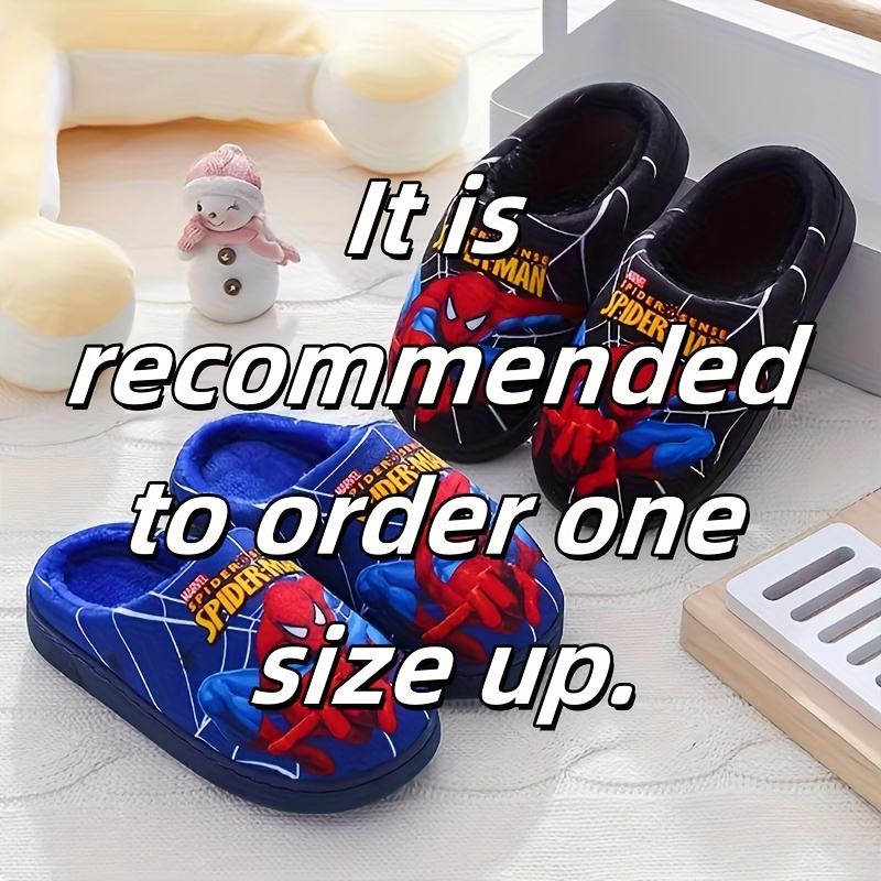 Pair of Kids' Plush Slippers with Spider-Man Print Design, New Autumn/Winter Style for Boys - Black/Blue/Red Options, Easy Slip-On Baby Shoes, Lightweight and Comfortable Indoor Floor Mats, Perfect Holiday Gift, Ideal for Fall Winter Summer, Fashion Statement, Winter Accessory, Cartoon Print, Kids Footwear, for Teenager, for Outdoor