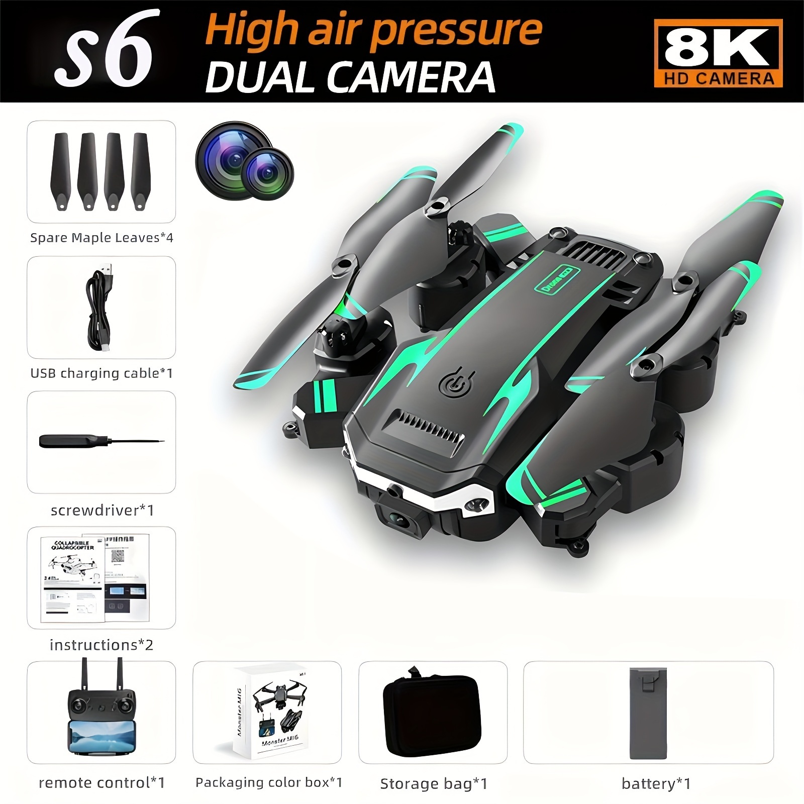 TEMU S6 Max Drone Foldable Adult Camera Drone Real-time Video, Equipped With High-definition Dual Cameras, App Drone, Fpv Remote Control Quadcopter,