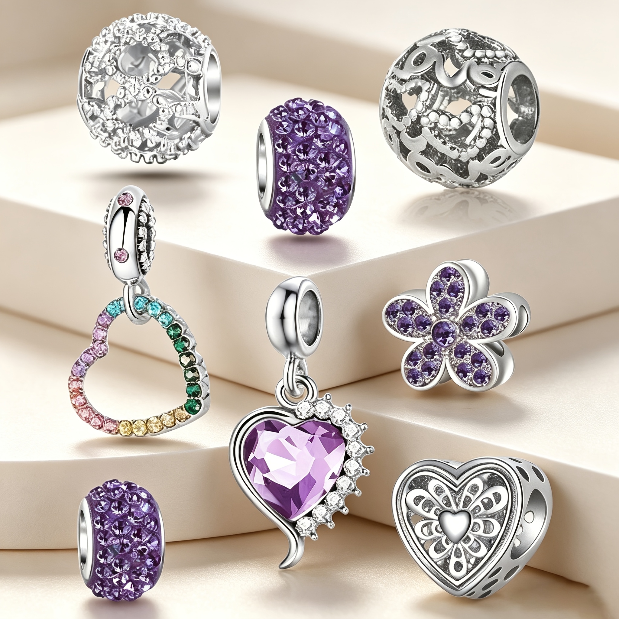 TEMU 8pcs Purple Heart Flower Diy Pendant Beads, Lightweight Accessories, Suitable For Diy Bracelets And Necklaces, Perfect Valentine's Day/birthday