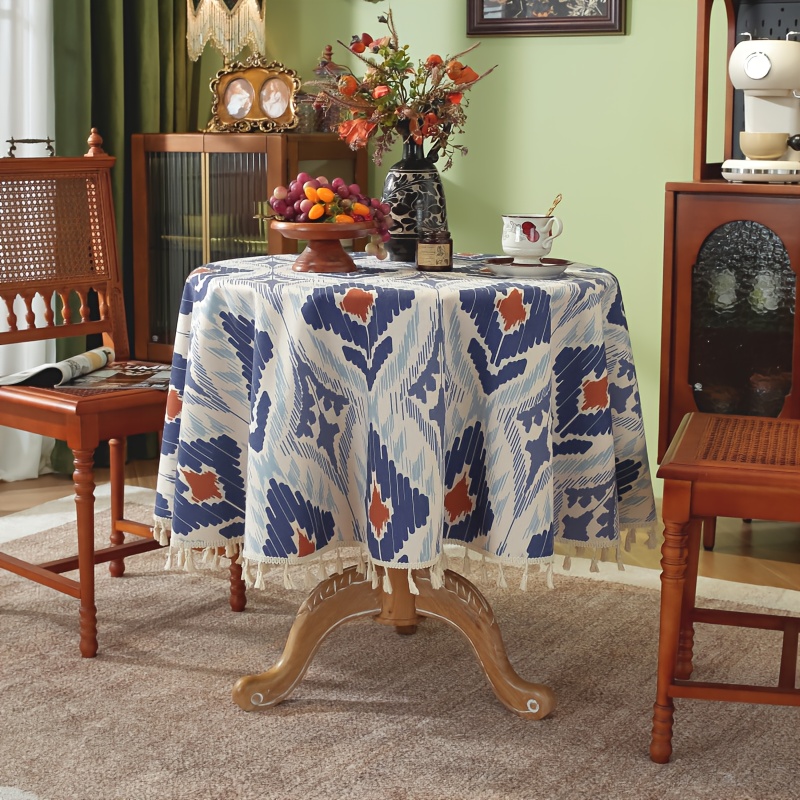 Bohemian Round Tablecloth with Tassels - Vibrant Geometric Pattern, Durable Polyester, Non-Slip Design for Kitchen Dining, Bedroom, or Living Room Decor,   Birthdays,  , Gender Reveals, Graduations, and  , Table Decor