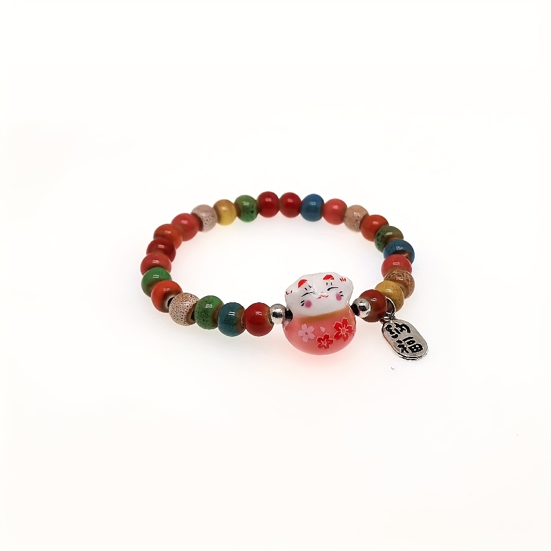 Ceramic Cat Charm Bracelet with Colorful Beads - Festive Accessory