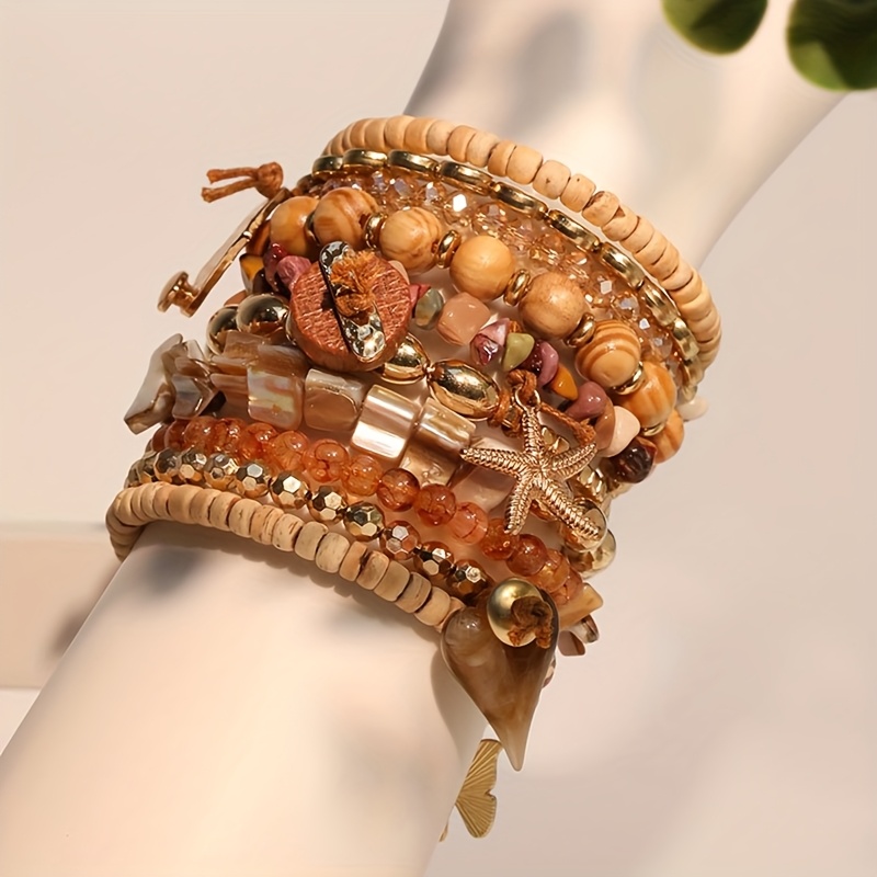Bohemian Wooden Bead Bracelet Set Starfish Shell Elements