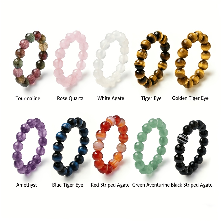 Image of 10pcs Set Of Beaded Elastic Natural Stone Rings For Women, Simple Yet Versatile, Perfect For Holiday Gifts And Valentine's Day Gifts, Natural Stones With