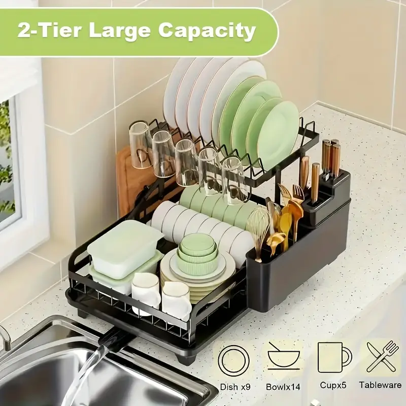 2 tier dish drying rack kitchen counter detachable dish drainer with utensil holder and cup rack black plate rack large racks anti rust collapsible Product details 4