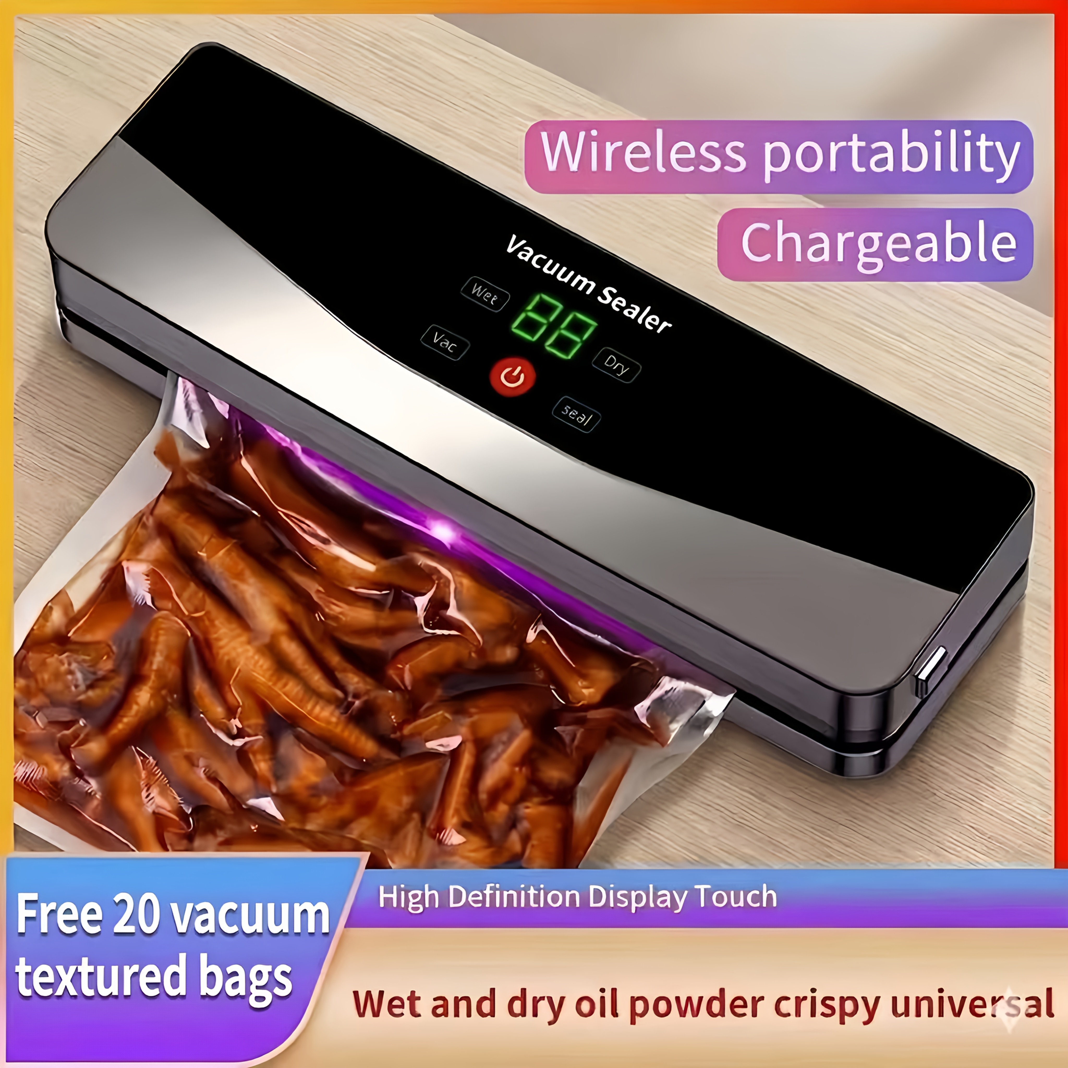 アイテム画像 ポータブル ワイヤレス 自動食品保存袋シーラー usb充電式 キッチン/アウトドア/キャンプ/非常用に最適 - 手動/一時停止機能 コンパクト真空パック機 スナック袋・長期保存用 usb-