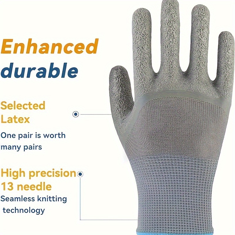 

12 Pairs Rubber Coated Work Gloves, Full Finger Glue, Textured Latex Palm For Grip, Construction, Warehouse, Garden Safety, Bulk Pack For , Grey