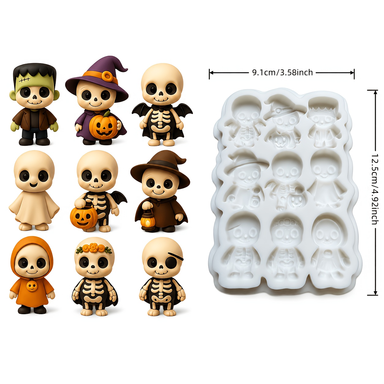 TEMU Kawaii Halloween Character Silicone Mold (cute Skeleton/witch/), Multi-cavity Resin Mold For Diy Keychain Charms Pendants Earrings Accessories,