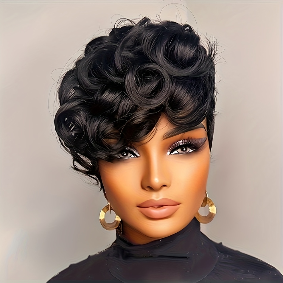 Image of 6inch Brazilian Human Hair Wig For Women - Cut With Loose Curly Bangs & Layered Short/medium Hair, 180% Density Looking , European Suitable For Cosplay, Parties, Everyday & Multi- ()