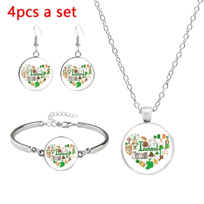 4pcs Irish-Inspired Jewelry Set with Necklace, Bracelet, and Stud Earrings