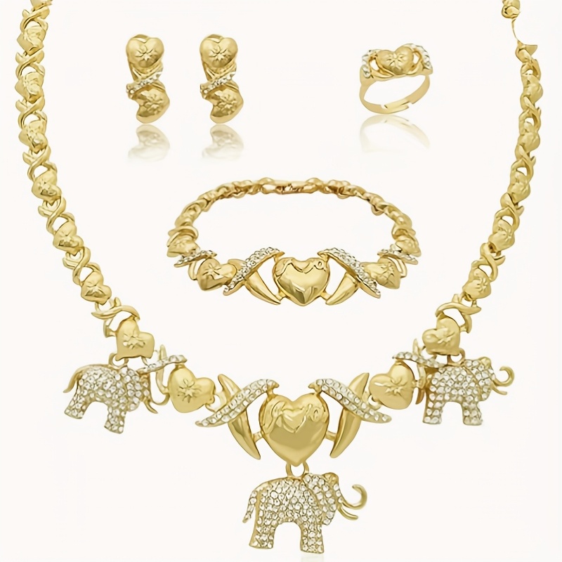 TEMU 5pcs Golden Women's 18k Gold Plated Jewelry, Sparkle Design Elephant Jewelry For Bride And Bridesmaid Fashion Wedding Necklace Earrings Ring Set
