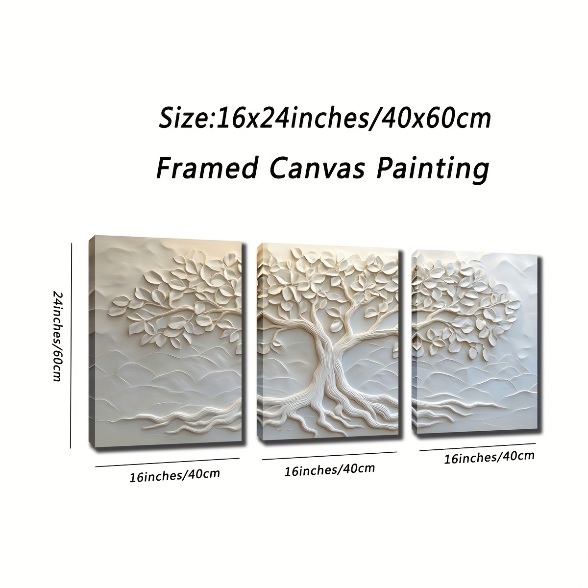 TEMU 2d Flat, 2d Flat, Framed Triptych, Beautiful White Tree Relief Oil Painting Home Decor, Canvas Painting, Living Room And Bedroom Decoration