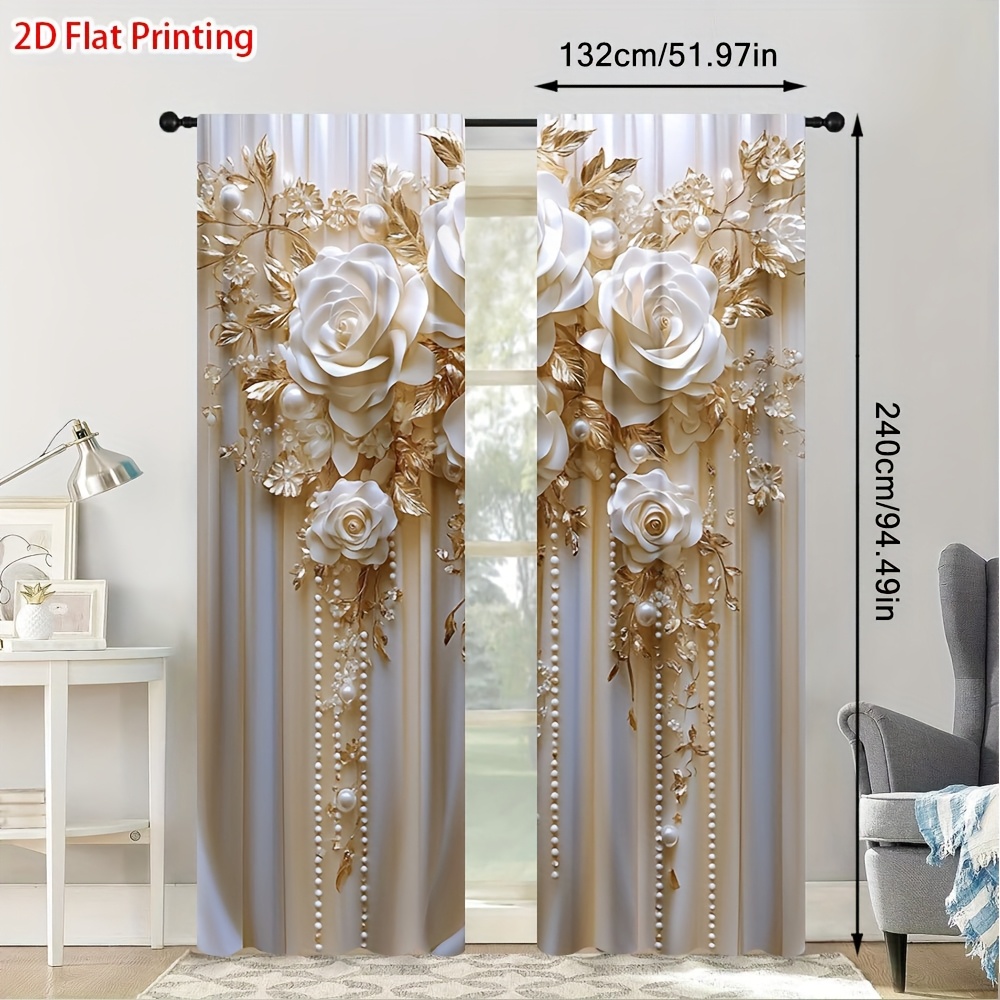 TEMU 2D Plat - 2D Plat - 2pcs 2D Plat Impression Élégante Rideau Floral Semi-Occultant Design à Poches pour Tringle - Décoration de Pièce, Idéal pour