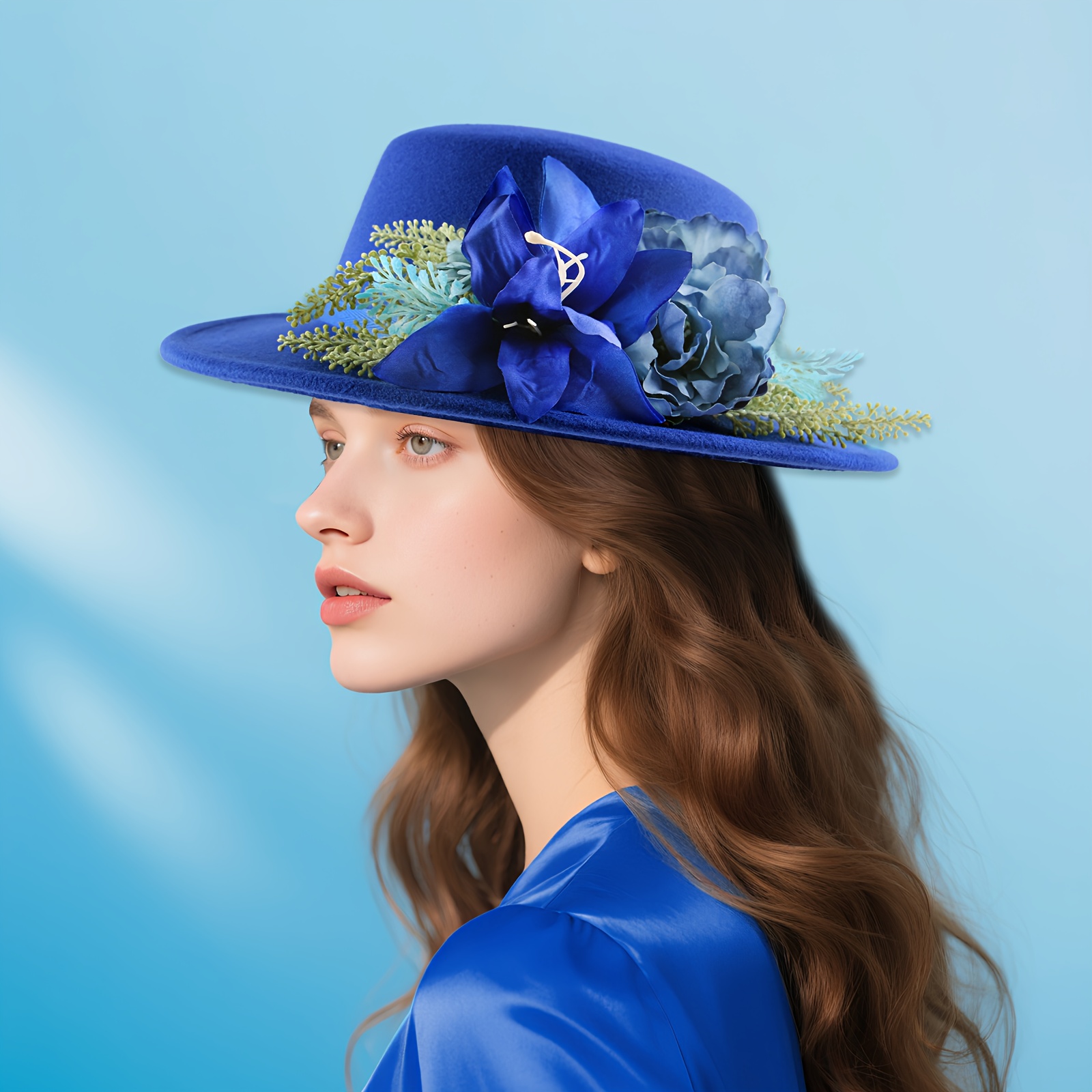 1pc womens elegant wide brim sun hat royal blue floral  display picture 3