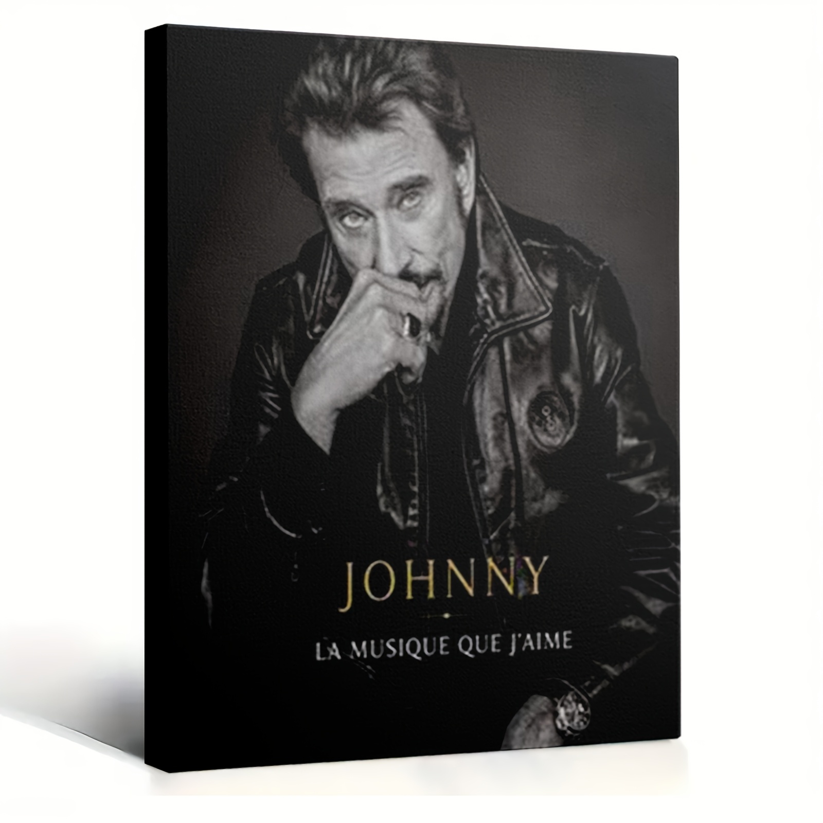 TEMU Plat 2D, 1 pièce Impression sur toile encadrée Portrait de Hallyday - Photo et blanc avec cadre en bois, Art emblématique de française du rock