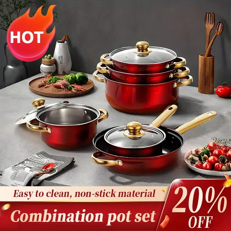 red 12pcs stainless set non stick pan set heat resistant frying saucepan versatile stylish durable suitable for induction stoves details 6