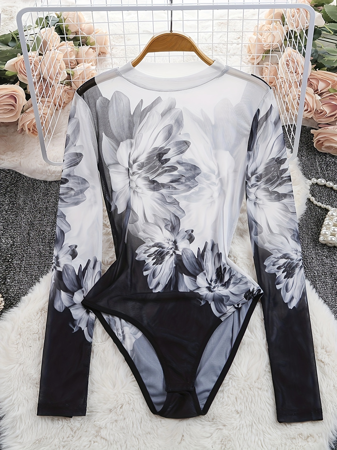 Fitted Mesh Floral Crew Neck Long Sleeve Bodysuit