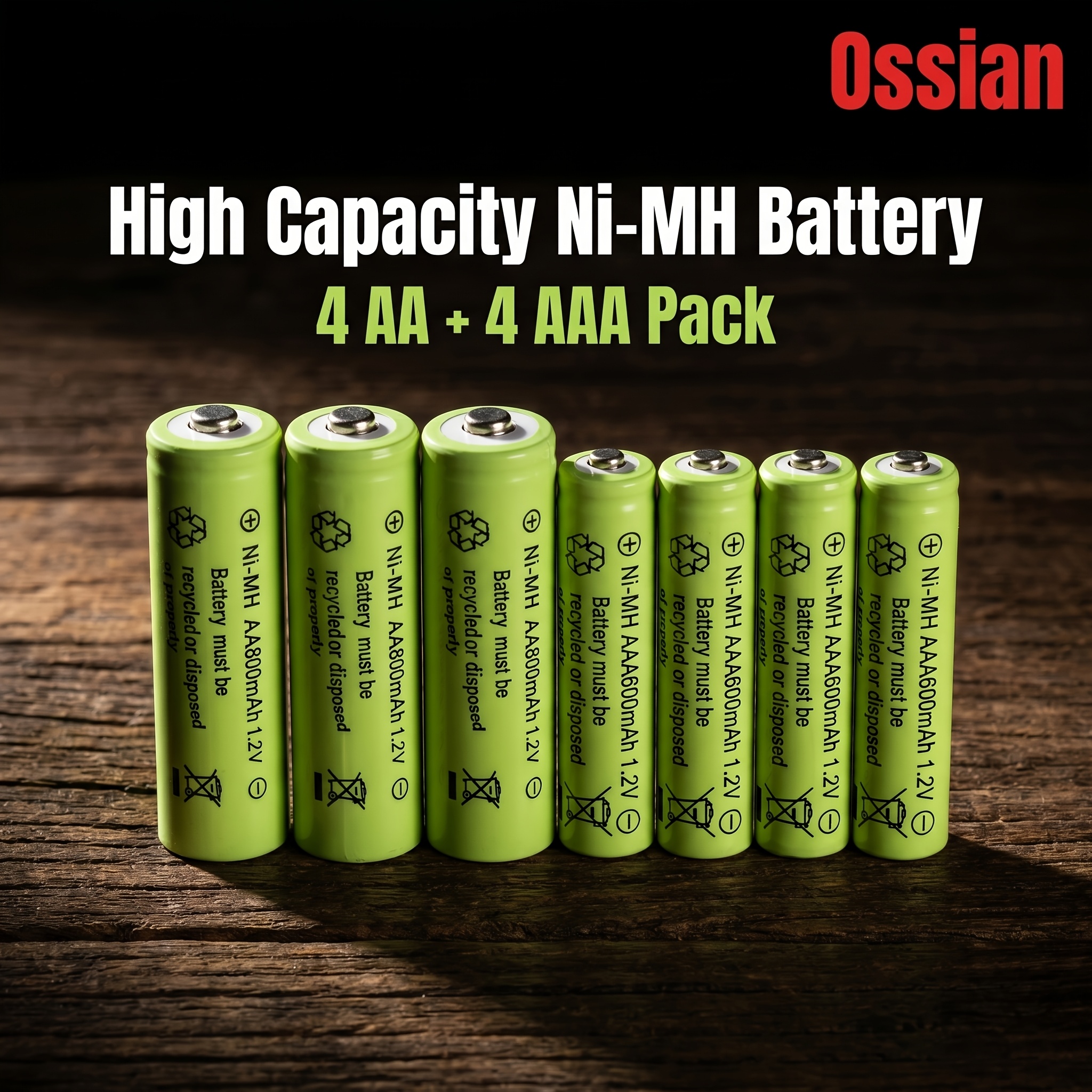 TEMU Ossian Lot de 8 piles (4Aa800Mah et 4Aaa600Mah), Combo de 1.2V Ni-Mh rechargeables pour télécommandes, souris fil et jouets électroniques,
