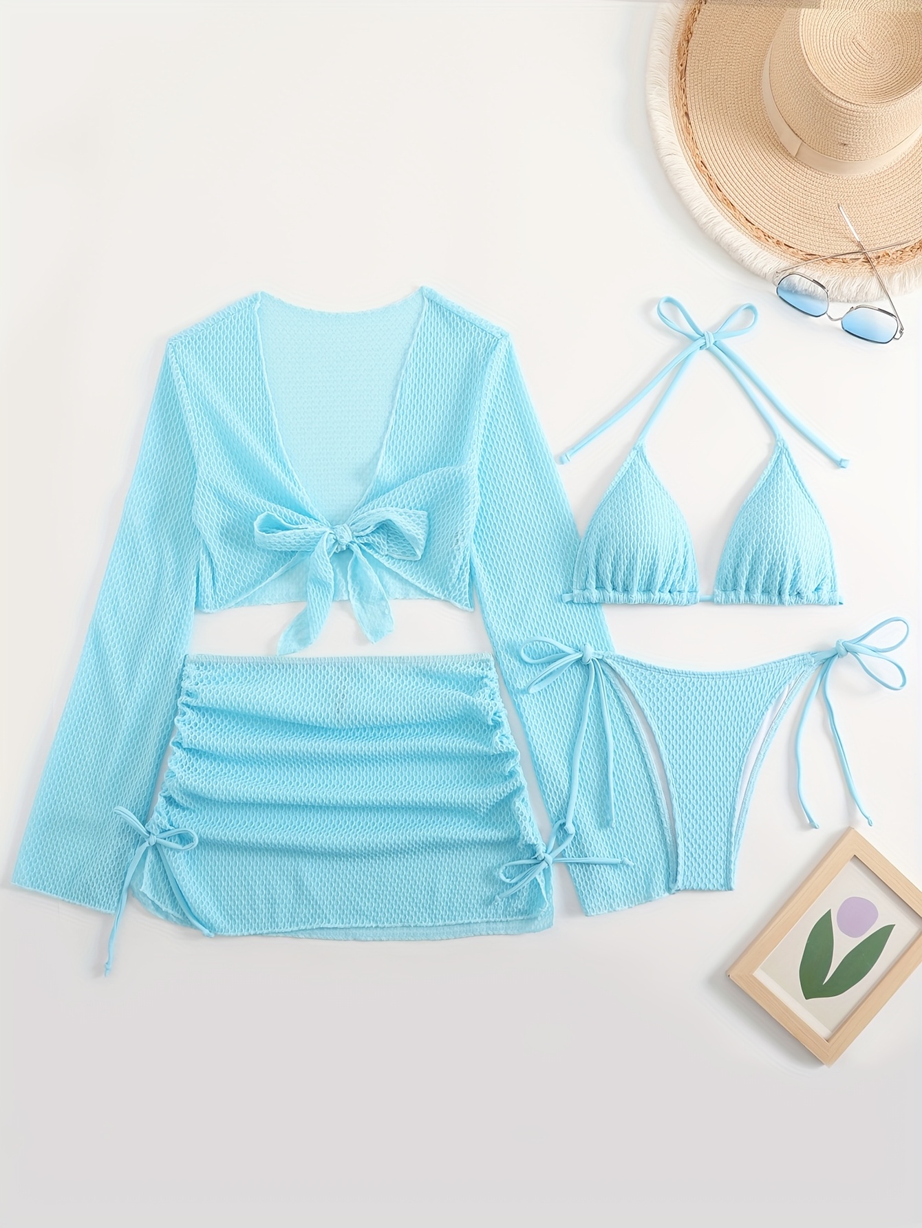 2025 new european and american conservative four piece set solid color cover up mesh skirt bikini womens swimsuit