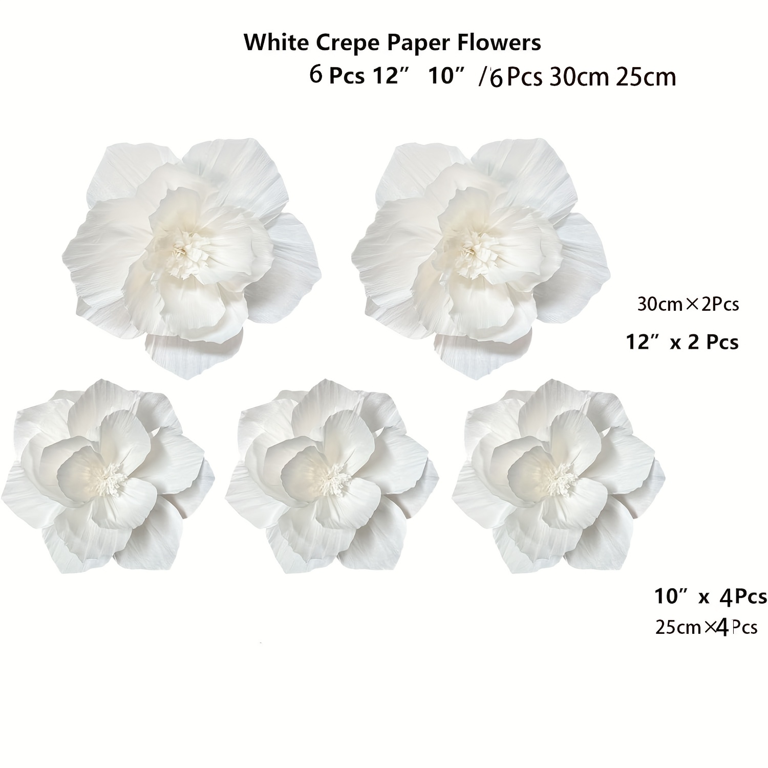 Image of 5-12pcs 12" (30cm) And 10" (25cm) White Paper Flowers, Artificial 3d Wall Décor For Wedding, Birthday, Bridal Shower, Party Decorations, Photo Backdrop, And Archway Decor