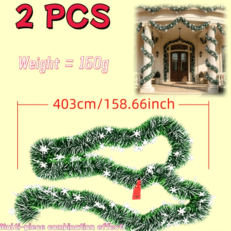TEMU 2pcs = 8 Meters Of Snow-green With White Snowflakes Christmas Scarf, With White Snowflake Decorations, Suitable For Railings, Windowsills, Party