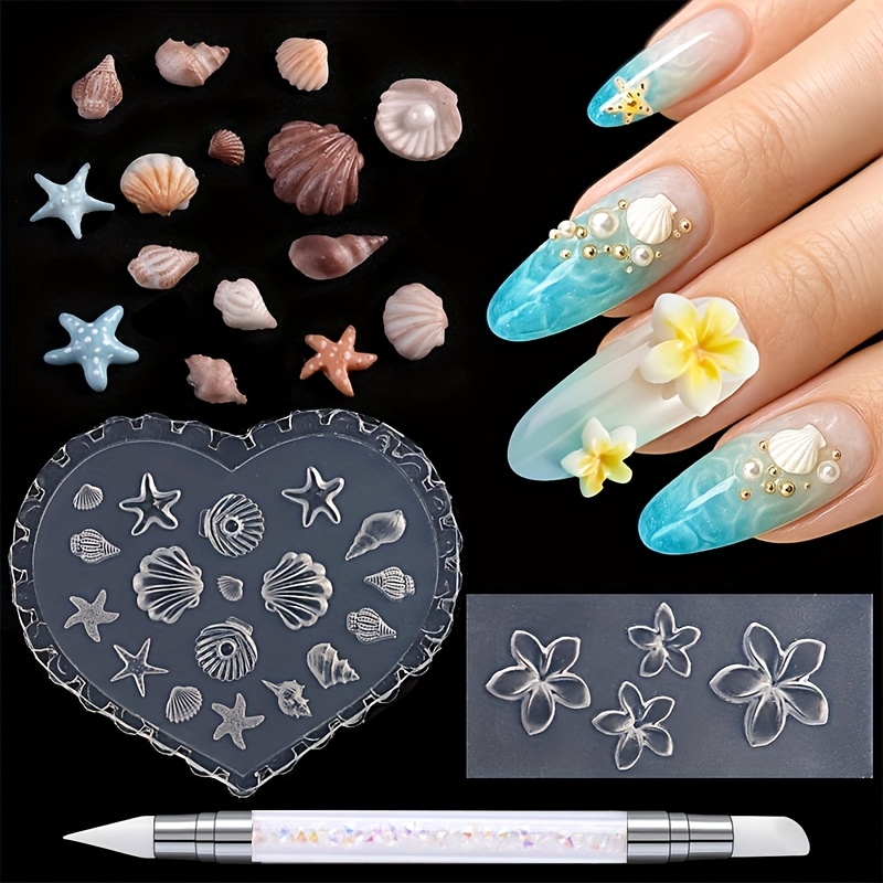 E-shop 3er-Set Nagelkunst Silikonformen, 3D Plumeria Blume und Ozean Muschel für Nagelanhänger Formen mit Schnitzstift, Klar für Nagelformen für