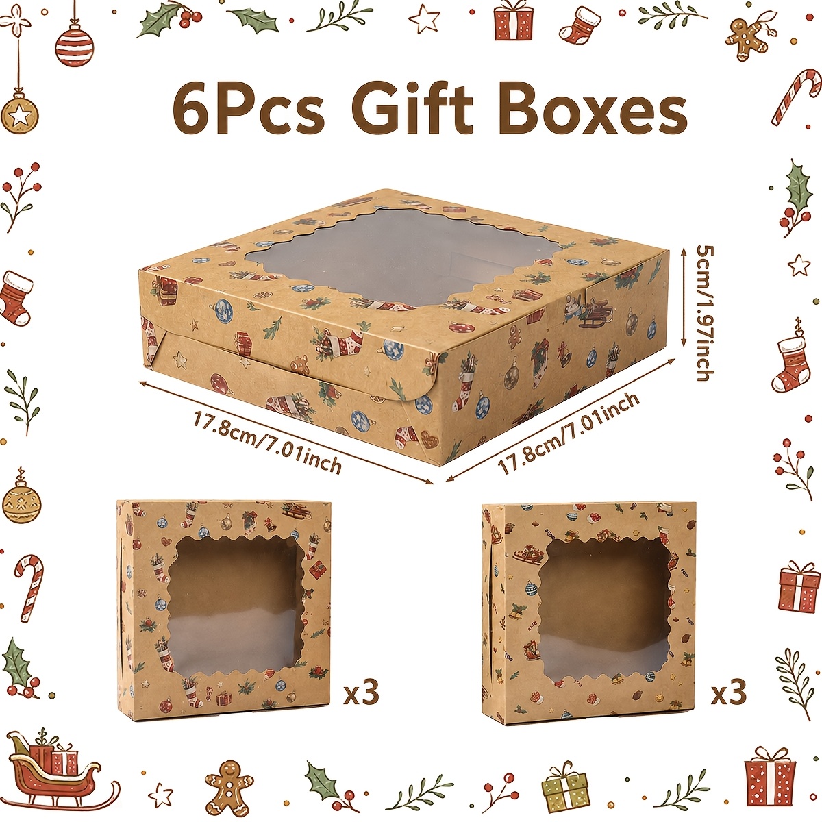 TEMU 6pcs, Party Box Packs, Christmas Paper Gift Boxes With Window, Christmas Rectangular Gift Packing Boxes, Stocking Christmas Ball Pattern Gift