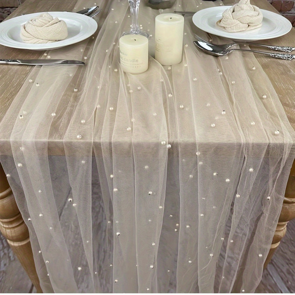 Pearl Table Cloth Valentine's Day Decor Tulle Fabric Lace Tablecloth Table Cover Bridal Veil Tablecloths Chiffon Table Covers For Wedding Birthday Party Arch