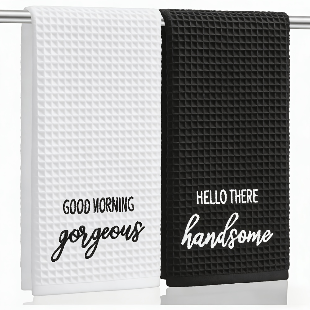TEMU 2pcs Couple Script Pattern Hand Towel ' Gorgeous' On White & ' ' On Black, Fabric Soft Absorbent Quick-drying Durable Lightweight Towel For