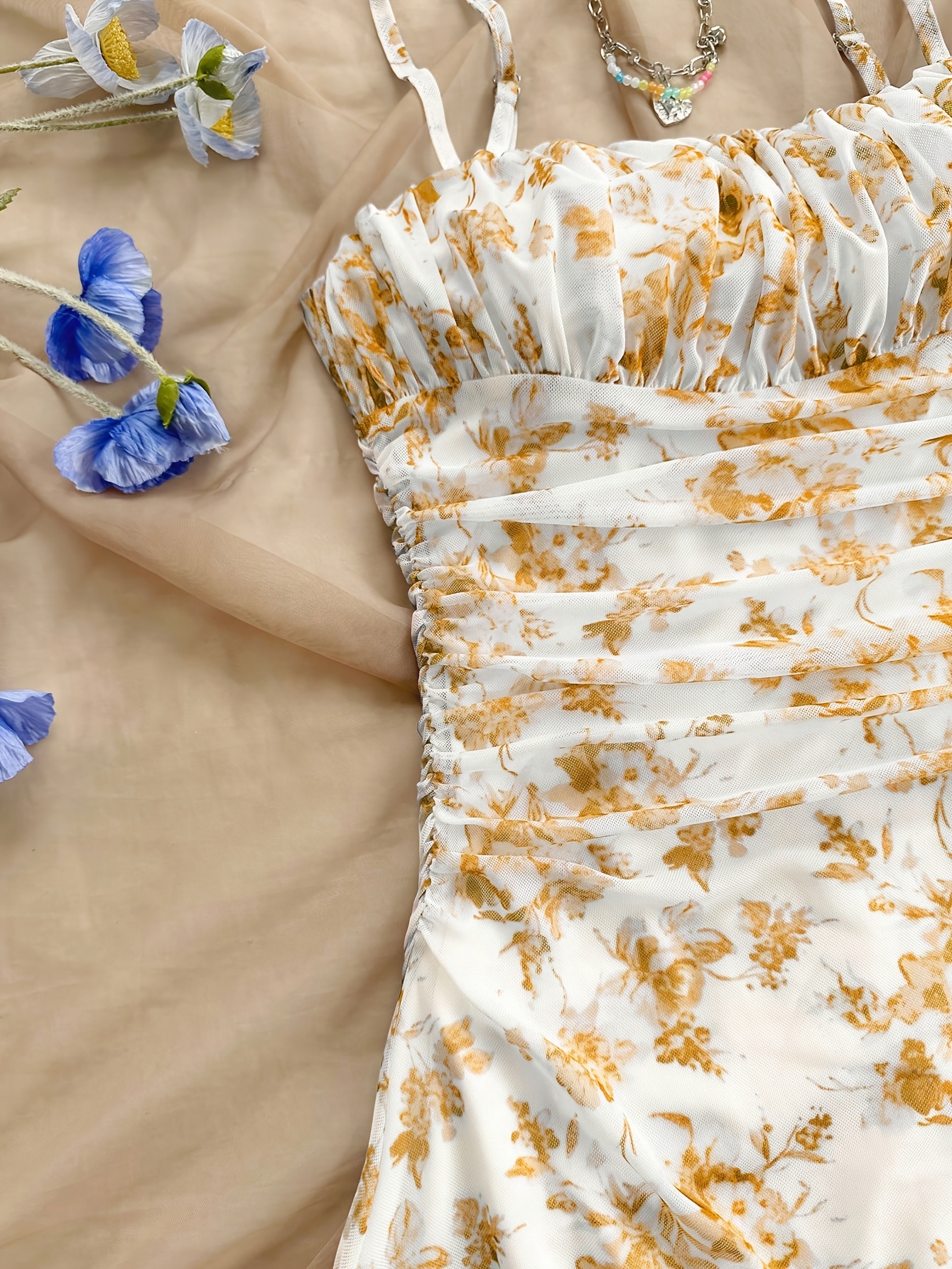 gold floral mesh dress I.H.F Studio FLORAL MESH LACE AND CHIFFON DRESS IN GOLD