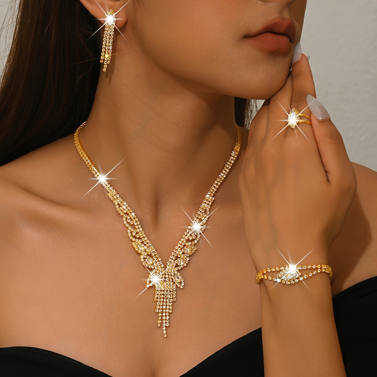 Classic Rhinestone Jewelry Set with V-Shaped Tassel Necklace