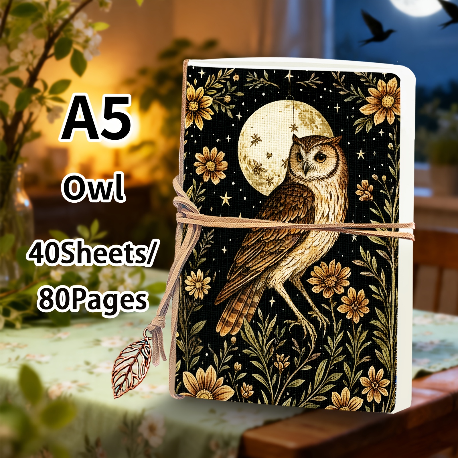 TEMU A5,80pages,sketchbook Of Halloween Moon Crow,owl And Flowers,retro Leaves Leather Bookmark,blank Art Drawing Book,portable Travel