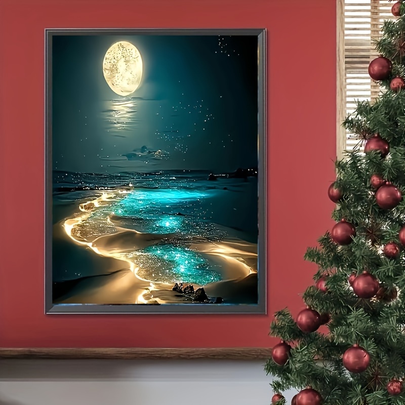 Image of Adult Moonlight Beach Diamond Painting Set, 5d Seaside Moon Diamond Painting Set, Suitable For Beginners, Diy Full Diamond Painting, With Diamonds, Home Wall Decoration