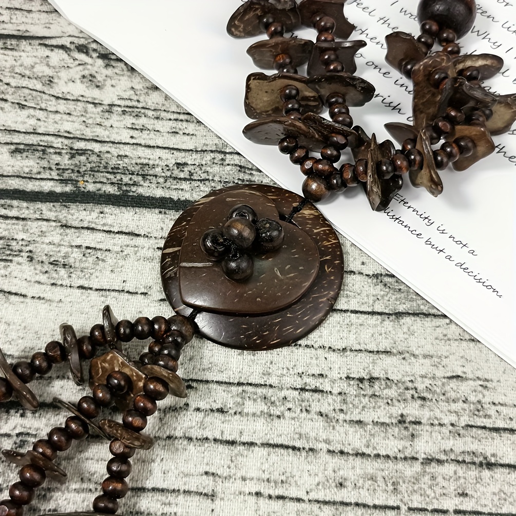 Boho Vintage Coffee Wood Bead Necklace with Pendant