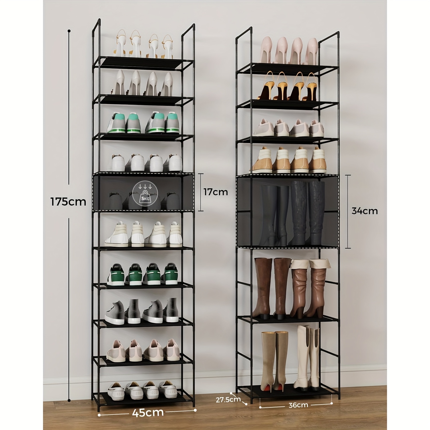 E-shop Schuhregal mit 10 Ebenen für Flur & Umkleideraum, Platzsparend & Schmal mit Stabiler Metallrahmen & Fleece, für Eingangsbereich, Schlafzimmer,