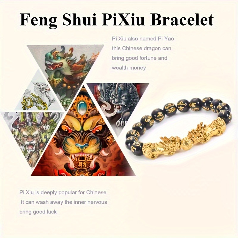 Conjunto de 3 Pulseras de Amuleto de la Suerte Feng Shui para Hombres y Mujeres - Piedra Natural, Diseño de Pixiu para Atraer Riqueza
