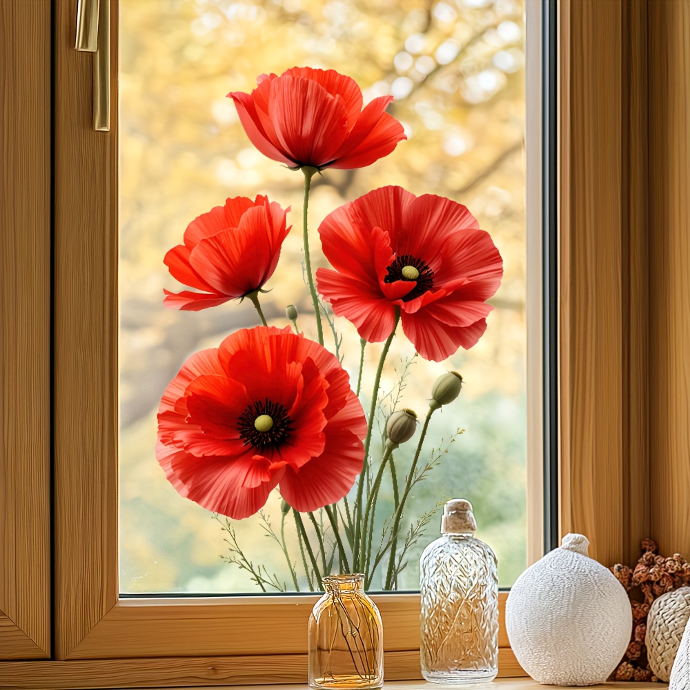 New Living Room Door And Window Decoration Red Flower Glass Stickers, Self-adhesive Decals For Beautifying Bedroom And Dining Room Windows
