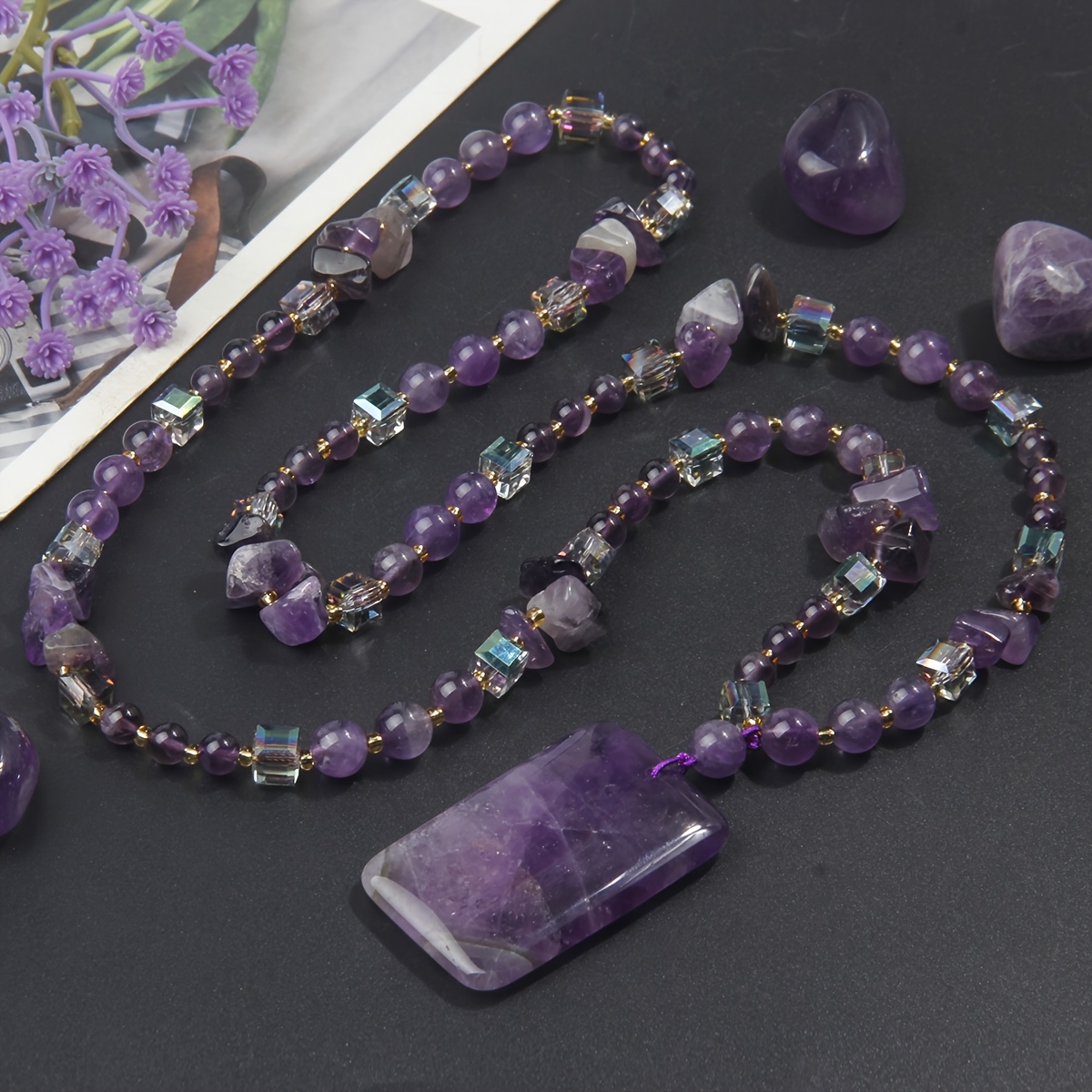 TEMU Natural Amethyst Pendant Necklace, Women's Fashionable Jewelry, Anniversary Gift For Wife Or Girlfriend, Each Pendant's Color And Texture Are