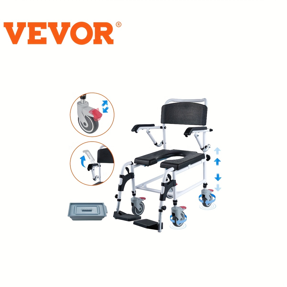 

Vevor Shower Commode Wheelchair With 4 Lockable Wheels, , Flip-up , 3. Adjustabie Height, 5l Removabie Bucket, 350 Lbs Capacity, For Adults Seniors.