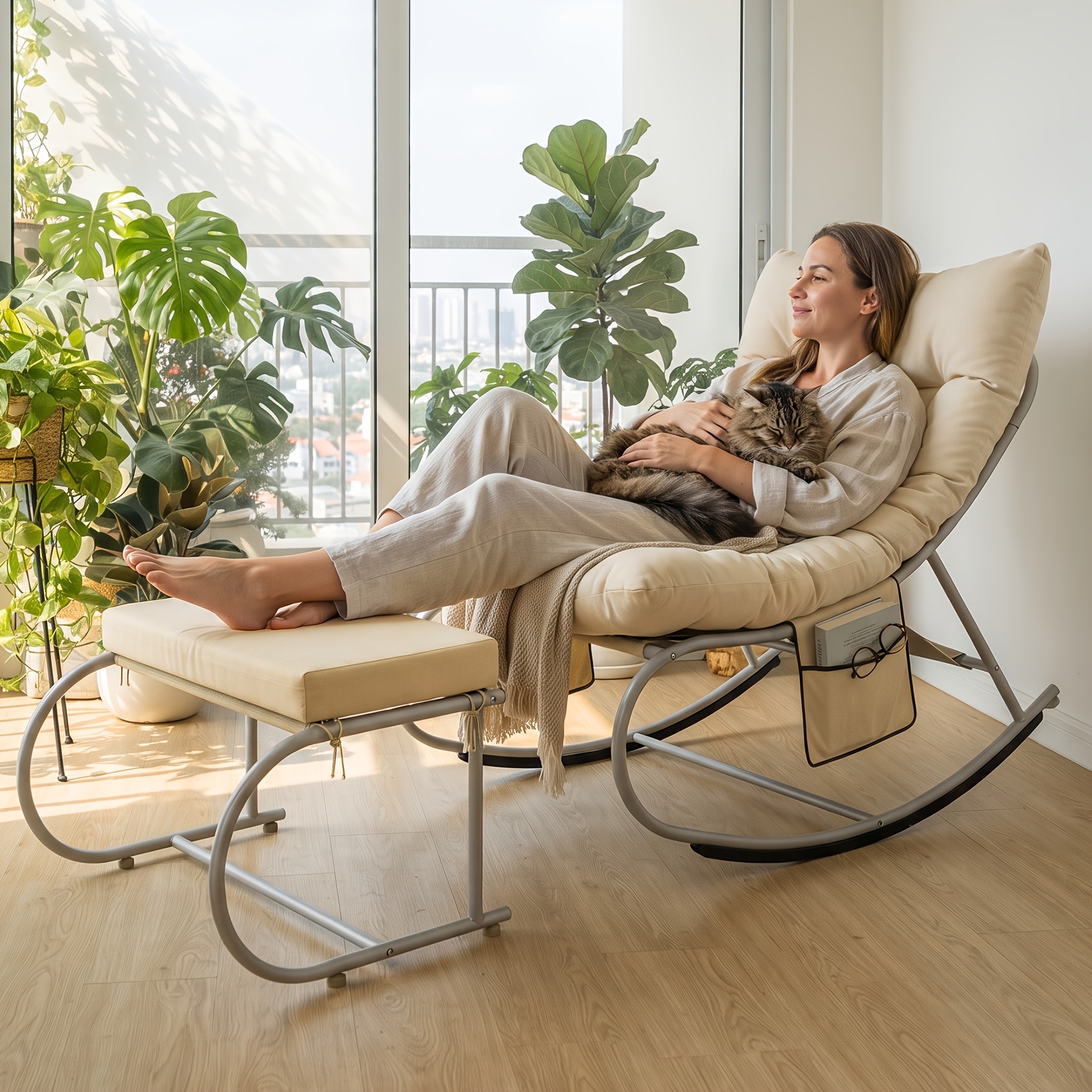 Image of Rocking Chair With Footstool Set Of 2, Padded Rocking Chair With Metal Frame & Side Pocket, Indoor Outdoor Recliner For Balcony Room, Beige