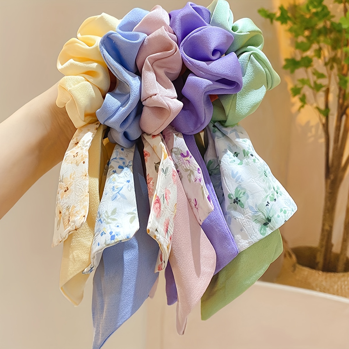 

Fabric Hair Scrunchies With Bow - Set Of 5, Elegant Minimalist Design With Floral Print, Bowknot Ribbon Hair Ties, Suitable For 14+ Age Group, Elastic Hair Bands With Printing Decoration