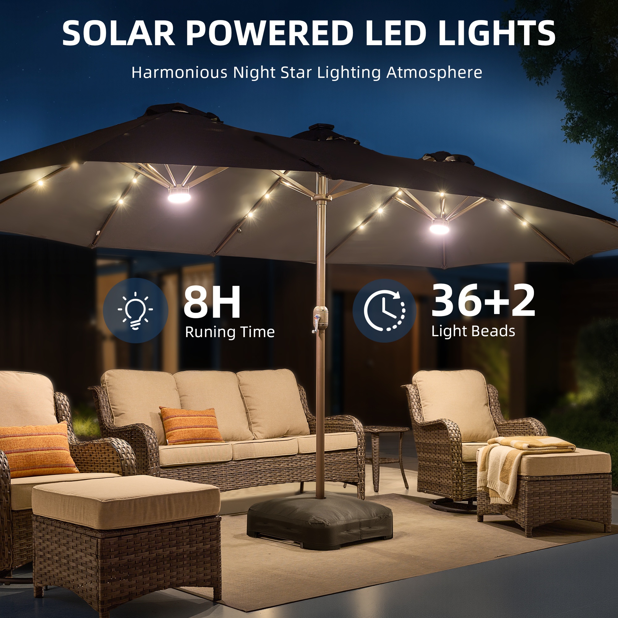 15ft Double Sided Patio Umbrella With 36 Solar LED Lights, 8Hr Auto-Illumination, Commercial-Grade Wind-Resistant Steel Frame & Premium Polyester Fabric, Outdoor Oversized Market Table Umbrella - 12 Heavy Duty Ribs (Base Included)