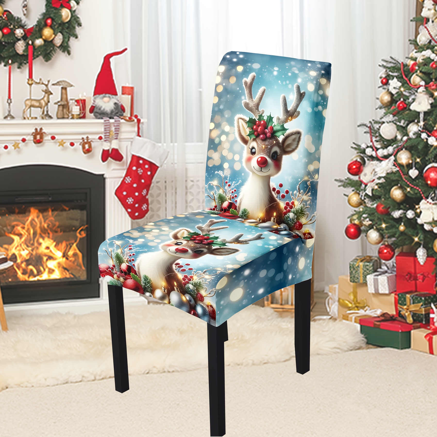 

Classic Christmas Reindeer Chair Slipcovers 4/6pcs Set - Stretch Polyester And Spandex Fabric, Band Closure, , Machine Washable, Holiday Decor Covers