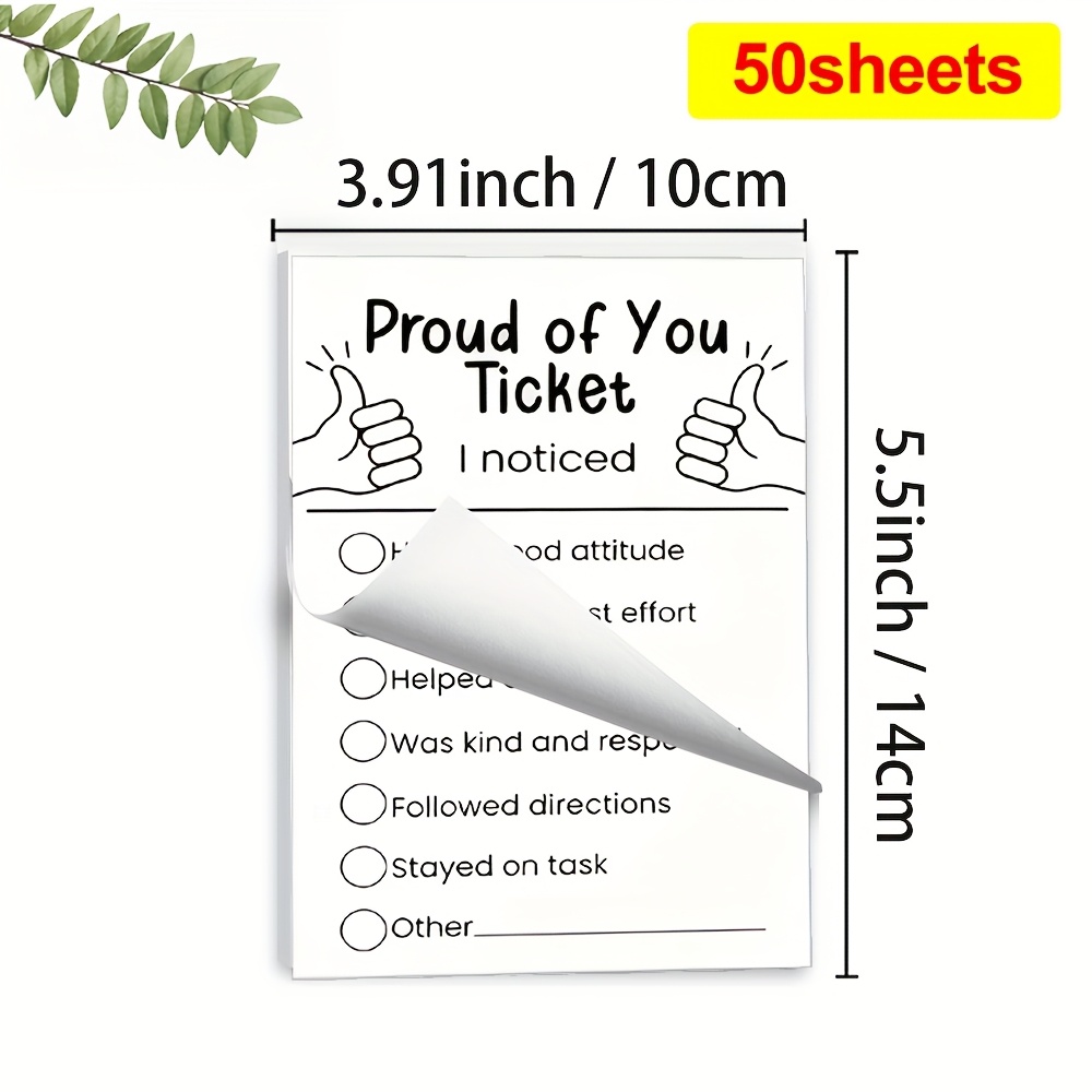 TEMU 1 Pack Of 50pcs "proud Of You" Student Reward Tickets, Suitable For School Teachers And Corporate Offices. Recording Attitude, Effort, Kindness,