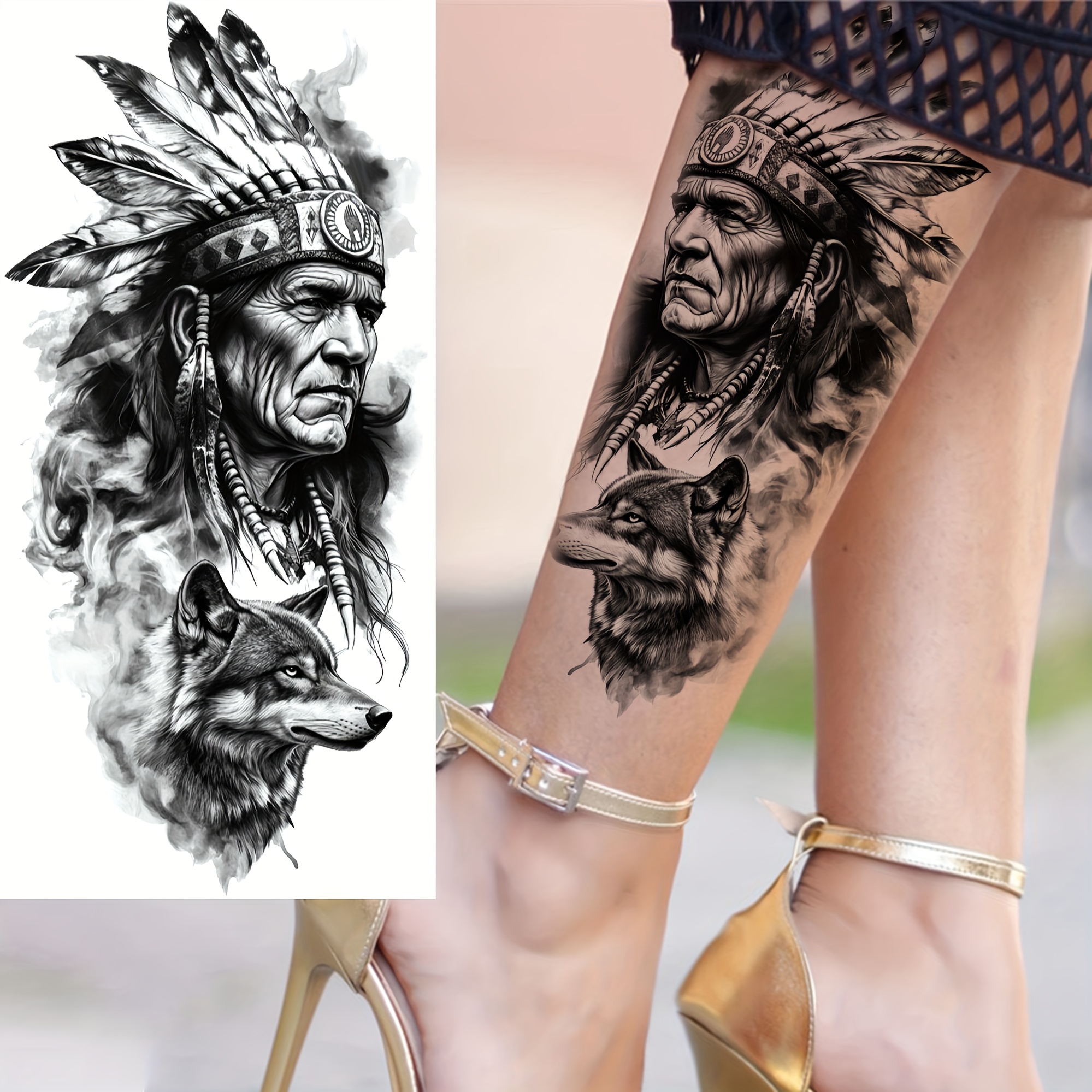 1 Sheet Native American Wolf Temporary Tattoos Suitable For Adults - Realistic Waterproof Body, Long-lasting Washable Tribal Wolf Face/body Stickers For Parties, Festivals, For -free Removal