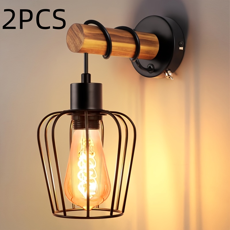 Image of 2pcs Vintage Indoor Wall Sconce, Style, E27, With Switch, Black | Industrial Wall Light, Metal Wall Light, Night Light, Bedroom, Living Room, Hallway, Cafe -bulb Not Included