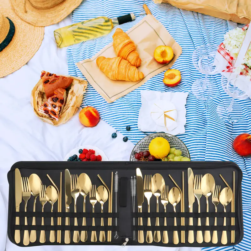32pcs summer outdoor portable stainless steel outdoor tableware set knife straw and cleaning brush large portable bag reusable lightweight and convenient suitable for outdoor picnics camping travel gifts for Product details 4
