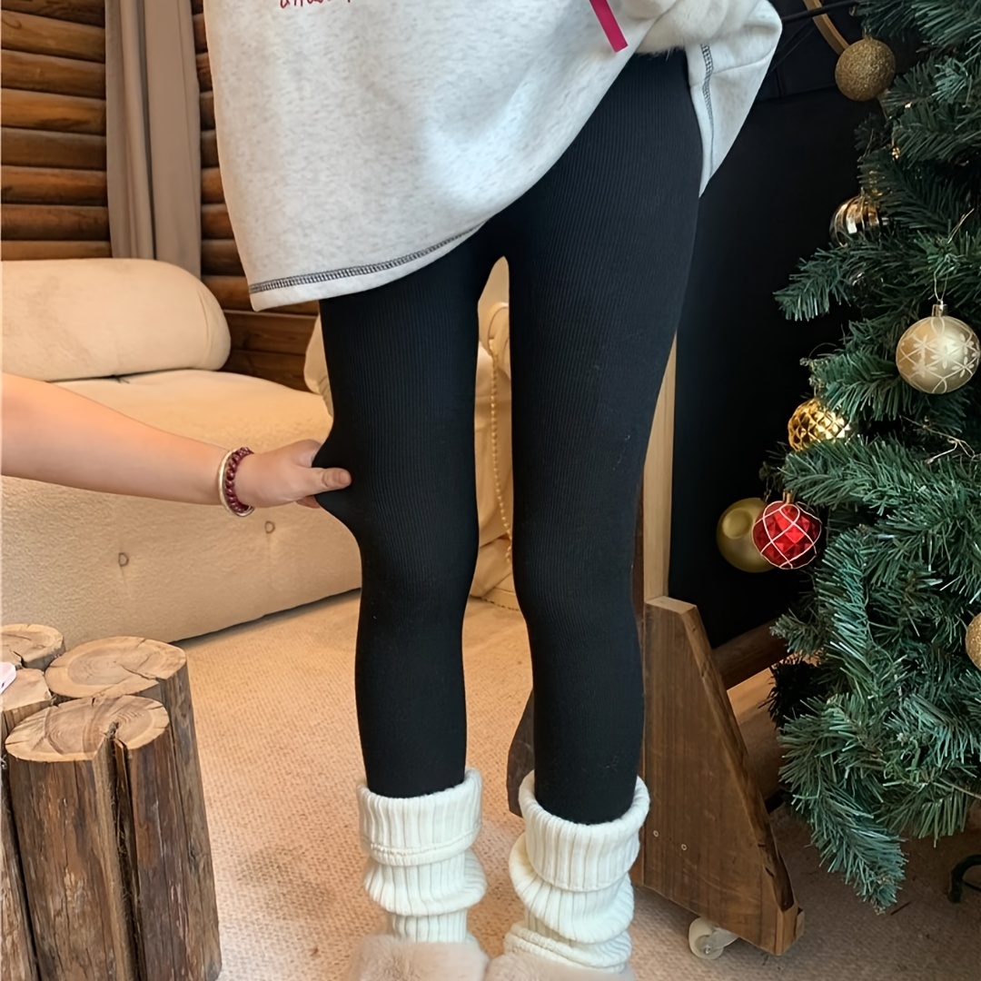 

Women's High-waisted Warm Fleece-lined Leggings, Rib-knit Polyester Knit Fabric, Solid Color, Non-slip, Thickened Blend, Autumn/winter Essential