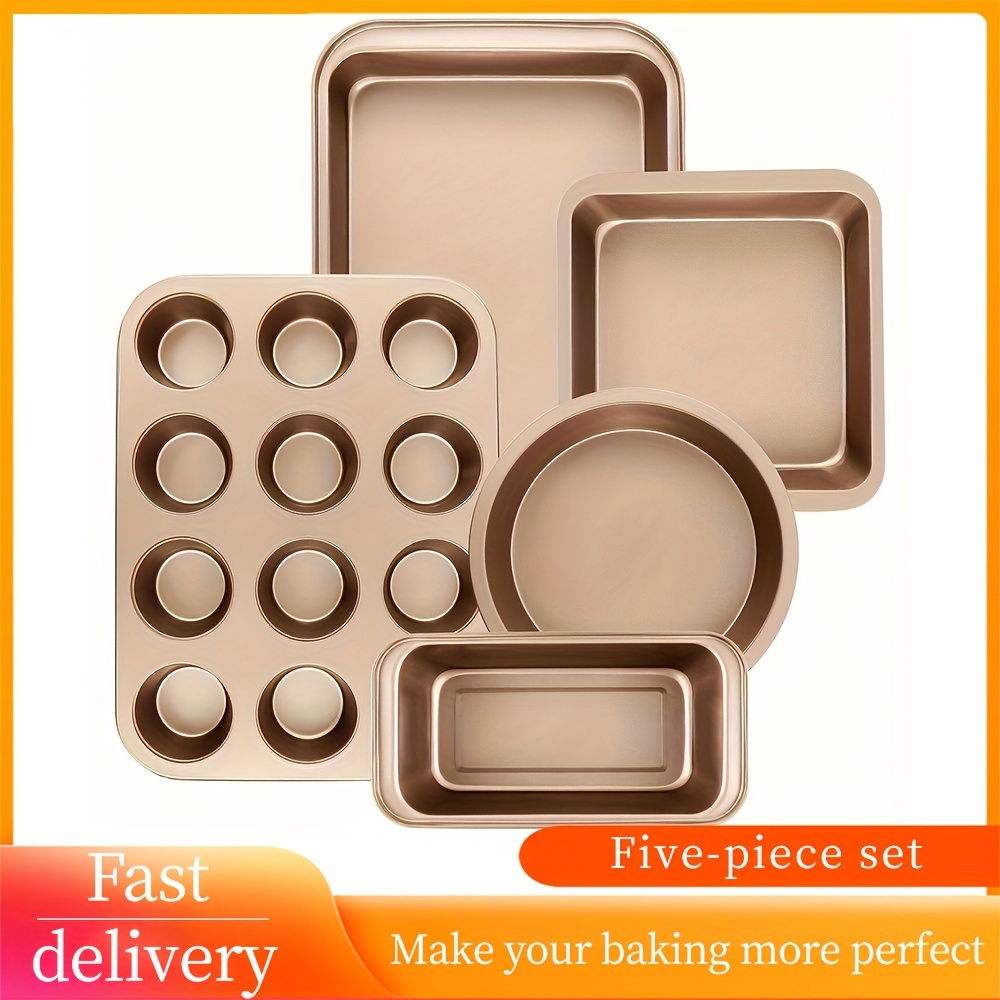 

Non-stick Pan Set, 5-piece Kitchen Oven Pan Set, Pan Set With Round/square Cake Pan, Muffin Pan Kitchen , Black/gold