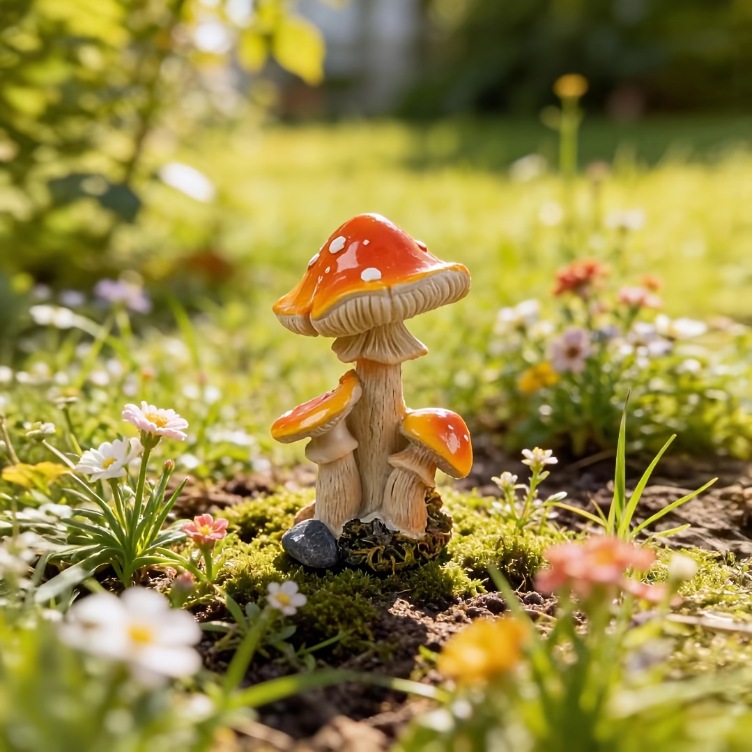 TEMU 1pc Yellow-capped White Polka Dot Mushroom Ornament, Resin Fly Mushroom Shaped Sculpture, Outdoor Garden And Courtyard Landscaping / Moss